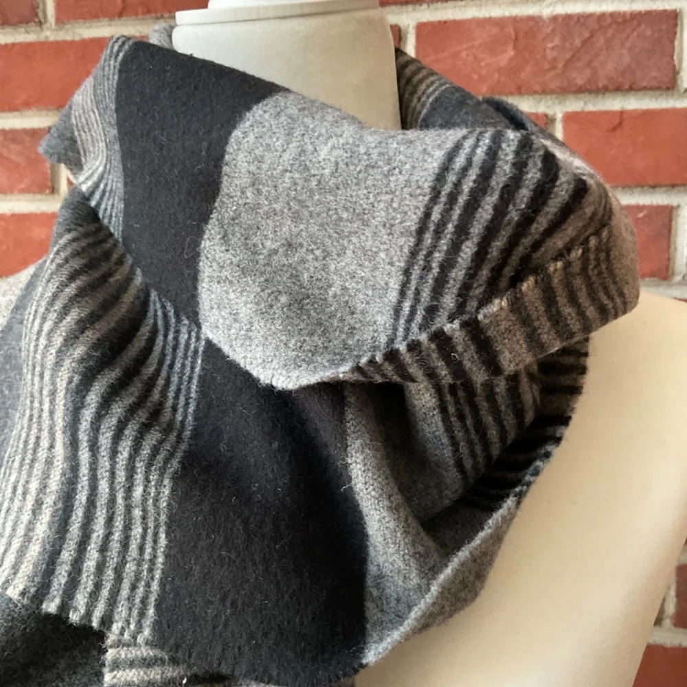 Hilary Radley Lambswool Black Grey Stripes Fringed Scarf 58”X12” Made in Italy